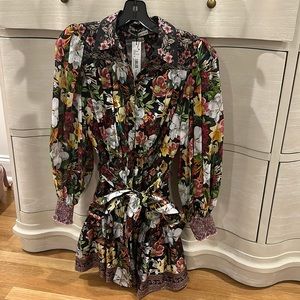 Alice + Olivia Black Floral Puff-Sleeve Tie-Waist Mini Dress